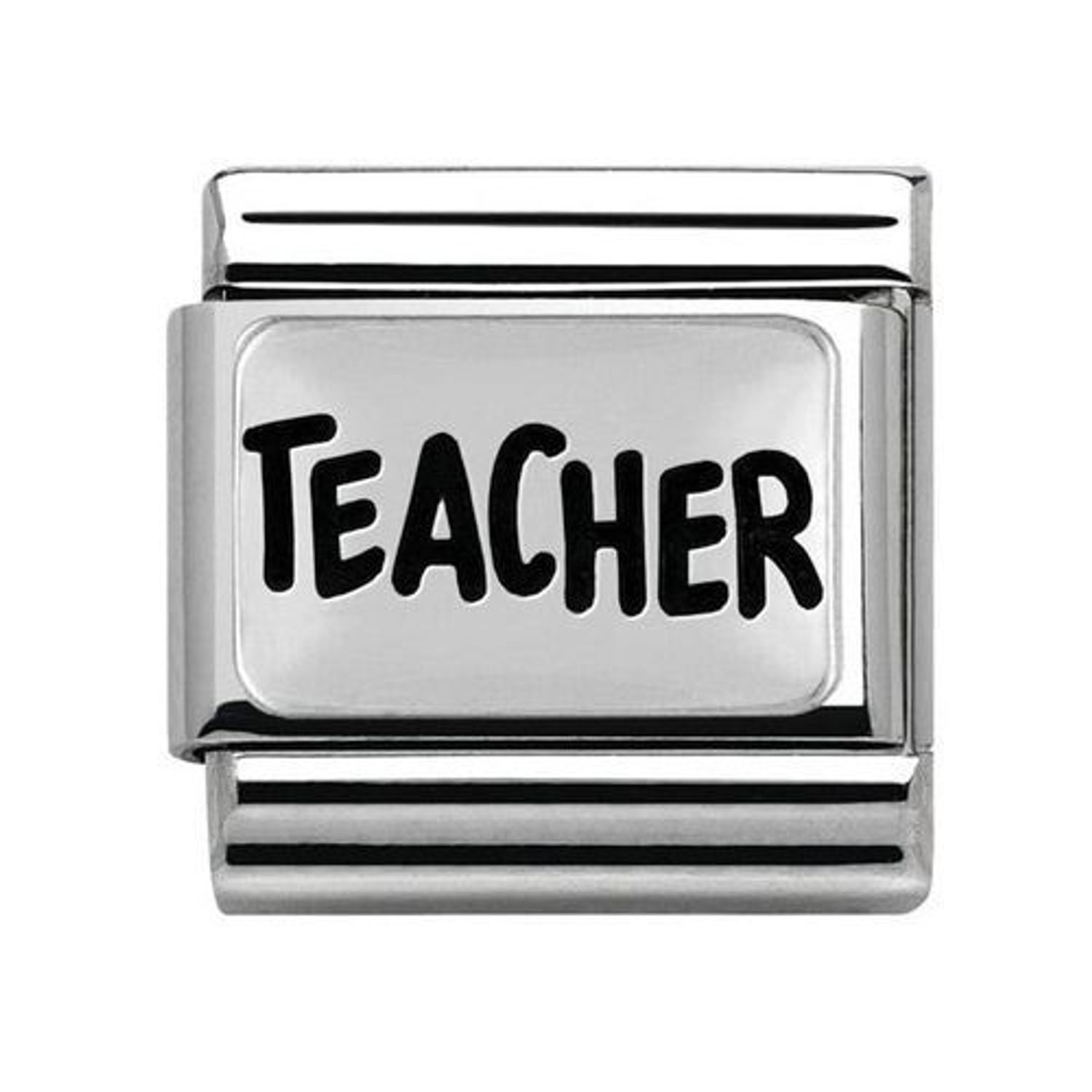 Nomination - Link 925 Silver 'Nauczyciel' 330102 39. Zawieszka z napisem Teacher wykonana została na bazie z najwyższej jakości stali szlachetnej. Idealnie nada się na prezent dla nauczyciela. Zawieszka do bazy Nomination..jpg